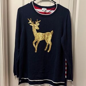 Crown & Ivy Navy Sweater with Gold Sequin Deer
